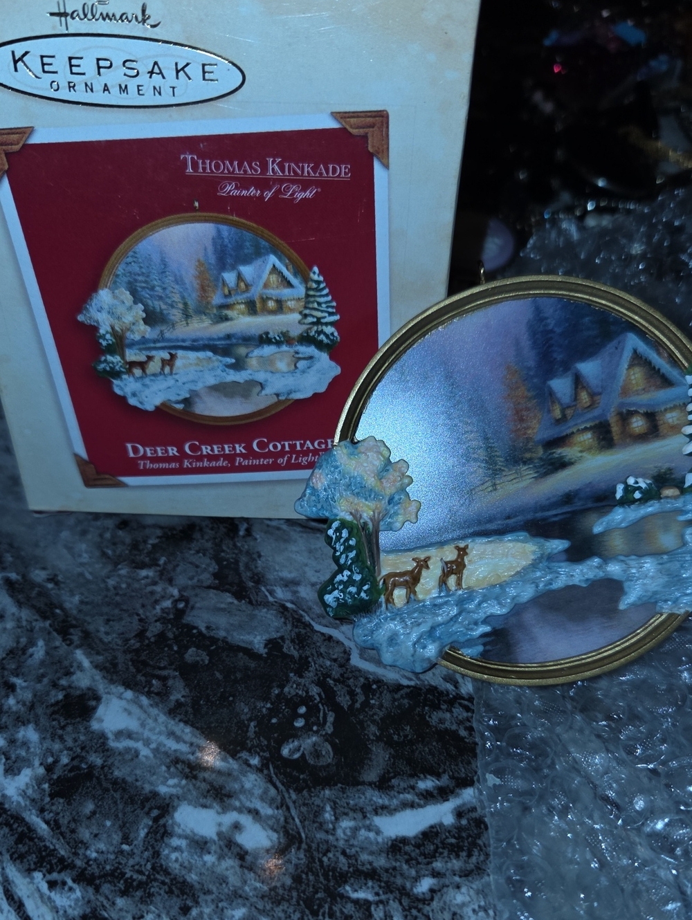 KEEPSAKE the Label Thomas Kinkade Deer Creek Cottage Ornament - Blue/Gold
